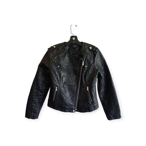 New Look Women Size L Black Faux Leather Moto Jacket Full Side Zip Biker Coat - Picture 1 of 6